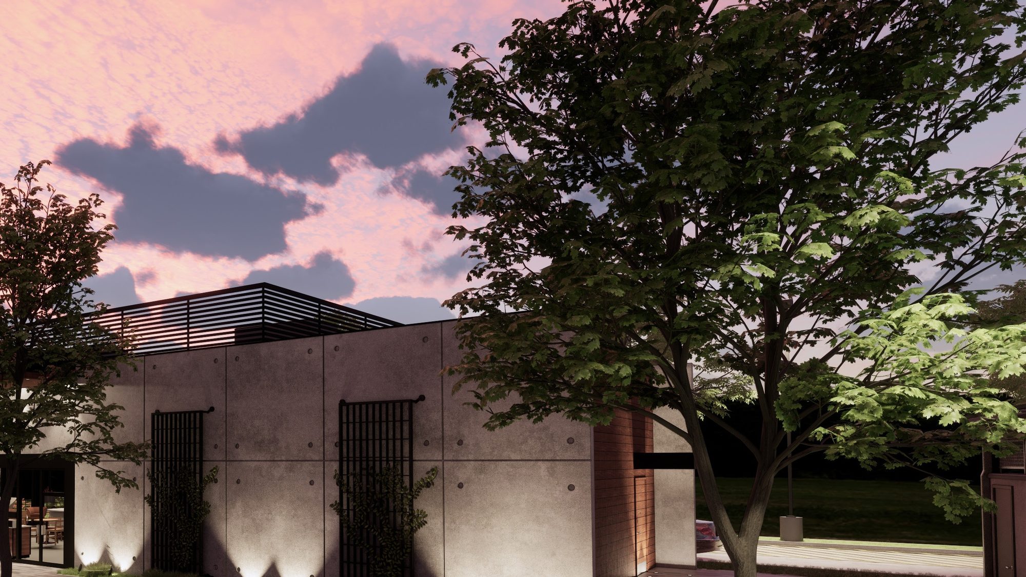 Coffee pad at dusk with board-formed concrete walls, warm wood soffits and glowing glazing