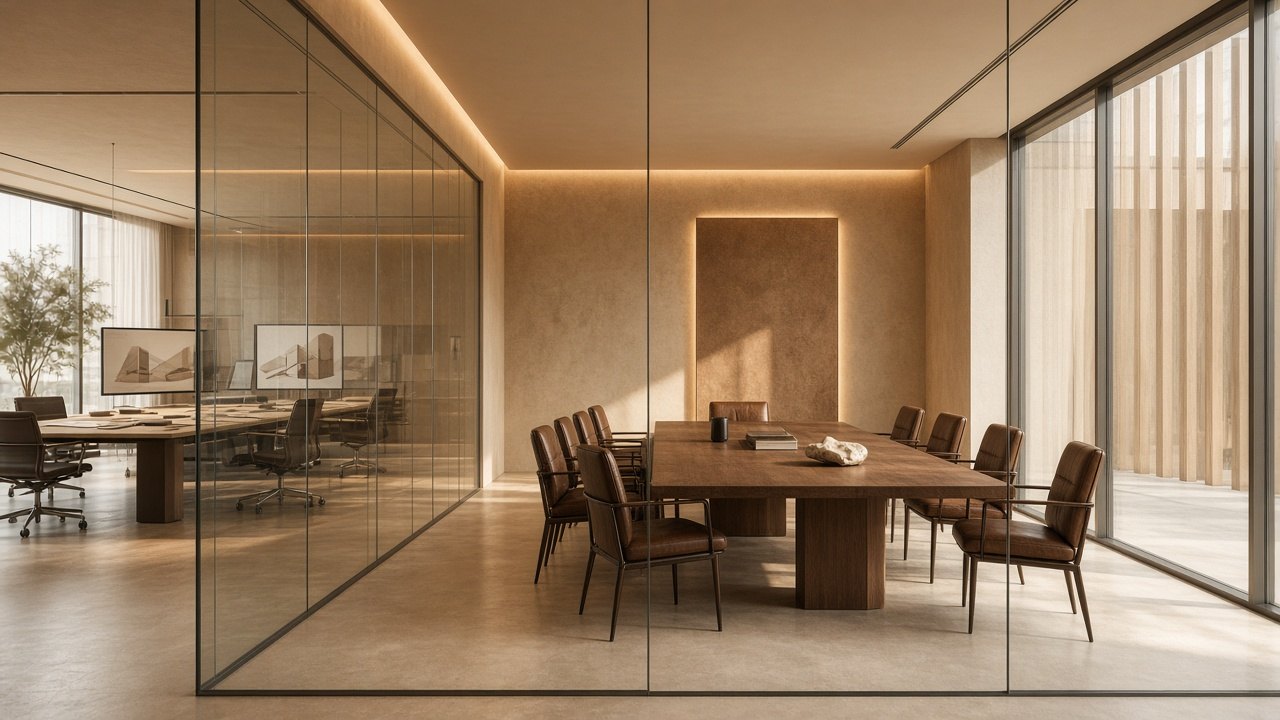 Conference room with a dark wood table, leather chairs, glass partitions and warm recessed lighting
