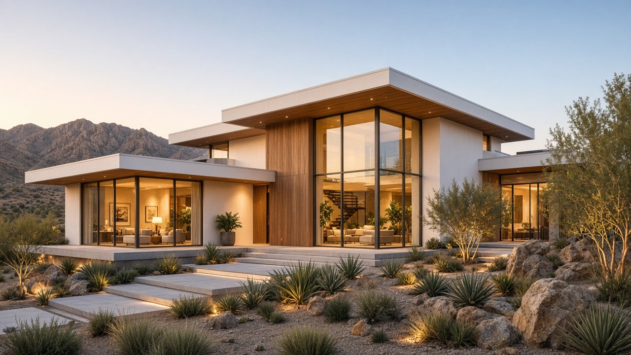 Modern desert residence at dusk with deep wood-lined overhangs, glass walls and illuminated steps among agave and boulders