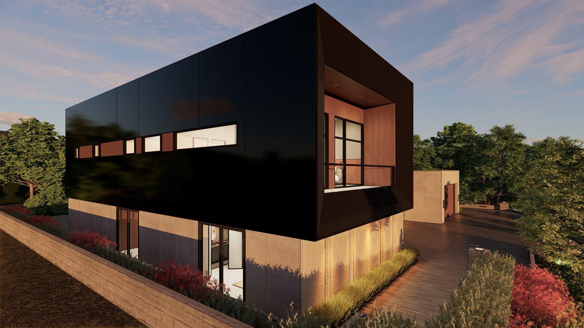 Elevated view of a modern home with a black upper volume over a concrete base, a warm wood-lined balcony and mature trees
