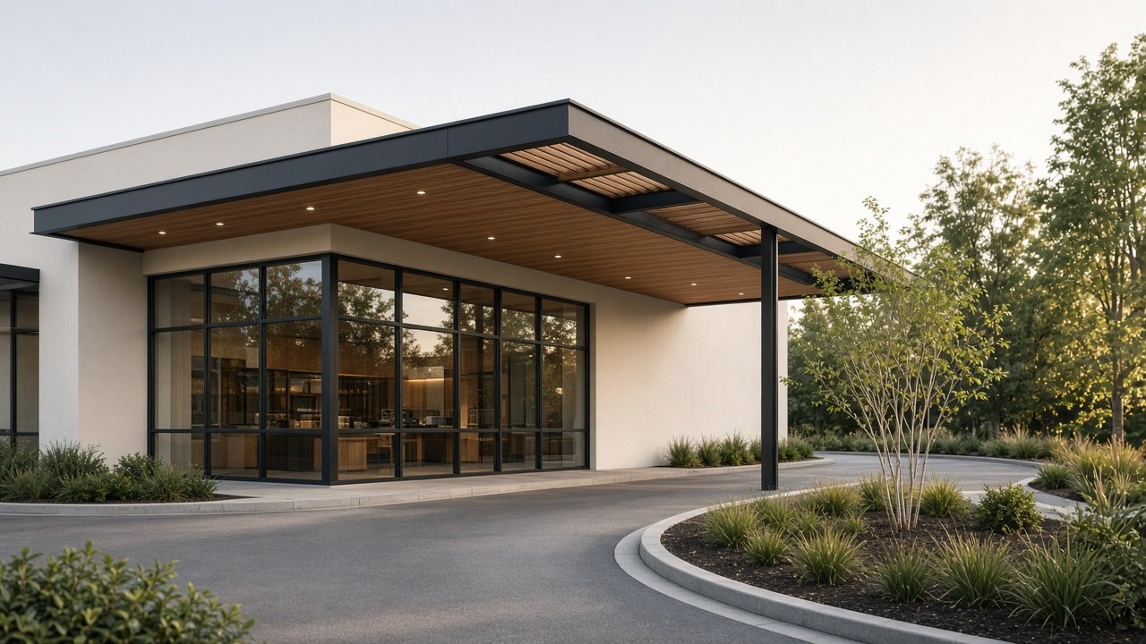 Single-story coffee pad with a wood-slat soffit over the drive-thru lane and a slender black column