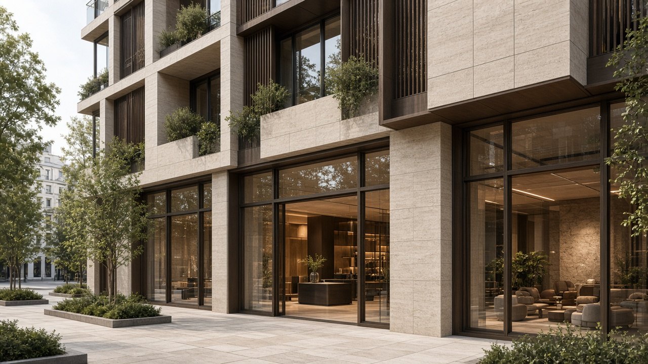 Multi-story stone mixed-use building with balcony screens and a plaza of young trees