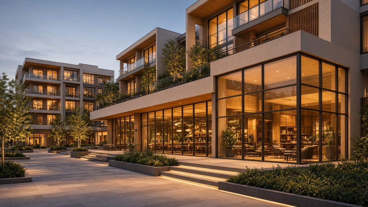 Mixed-use building with a double-height glass lobby, wood soffits and a lit stone plaza at dusk
