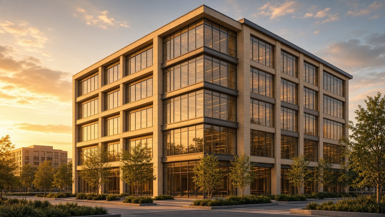 Corner of a multi-story cream-stone office building with a landscaped plaza at golden hour