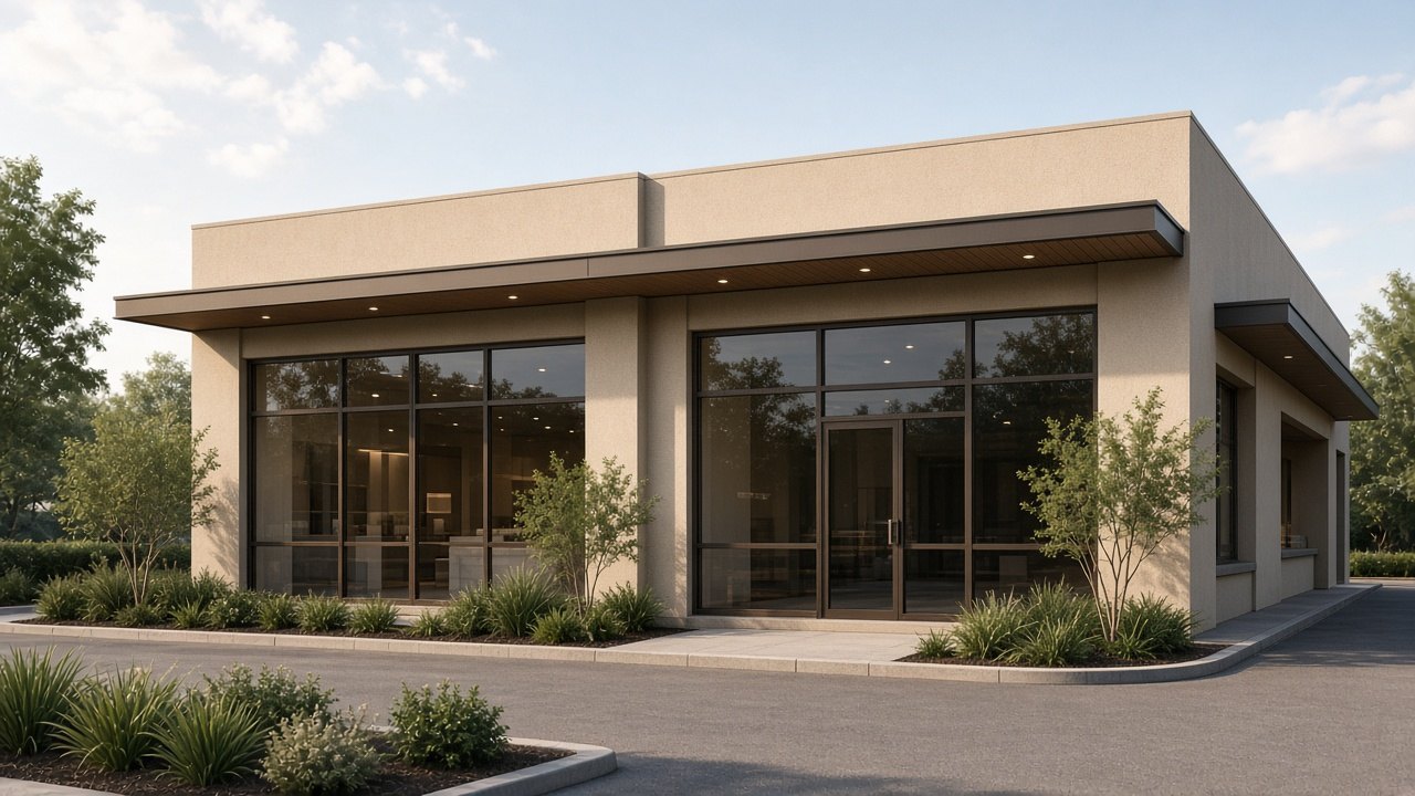 Two-tenant retail building in sand-colored stucco with a wood-soffit canopy and bronze storefront grid