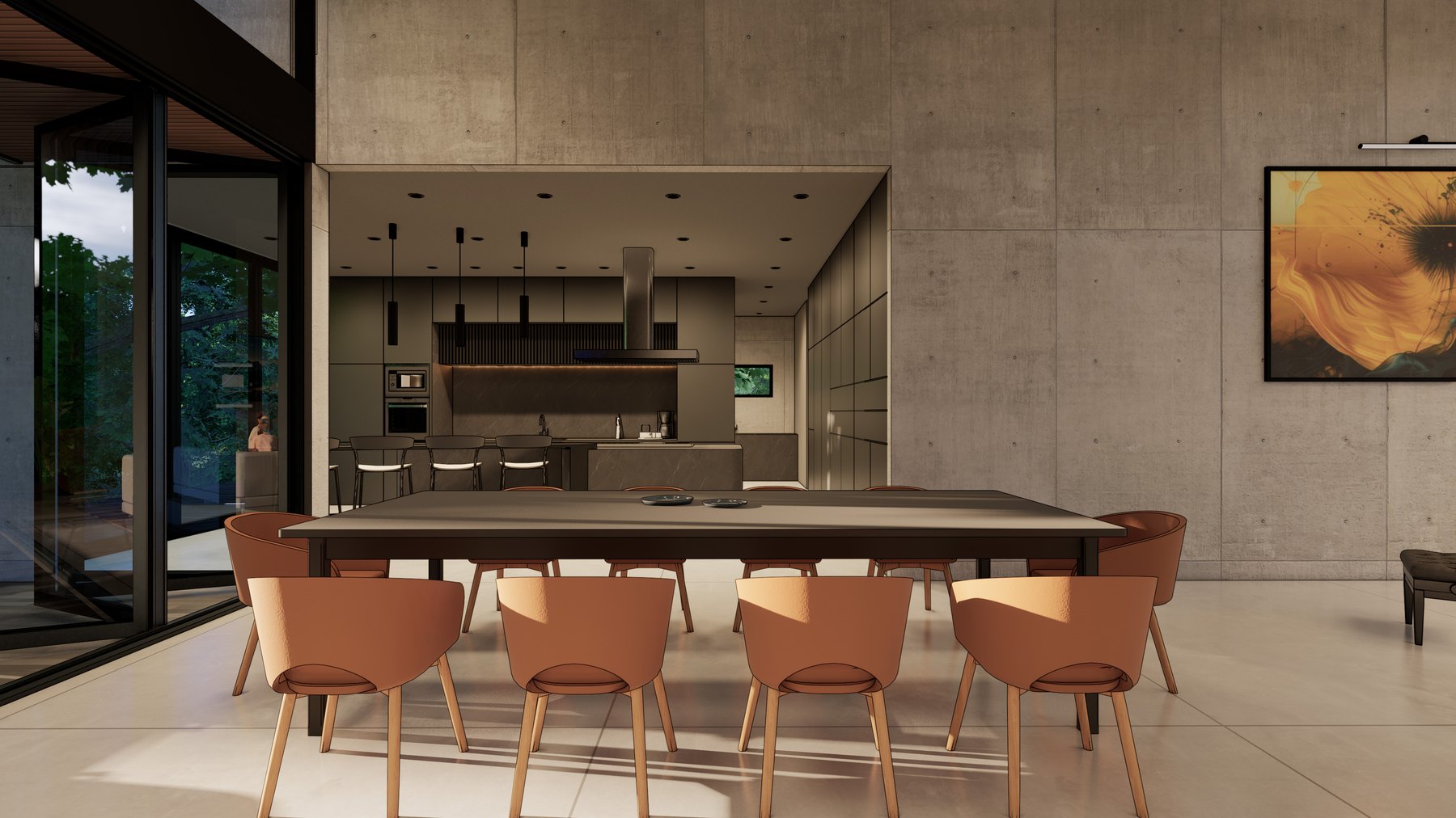 Dining area with a long dark-wood table and orange chairs beside a dark-cabinet kitchen with concrete walls