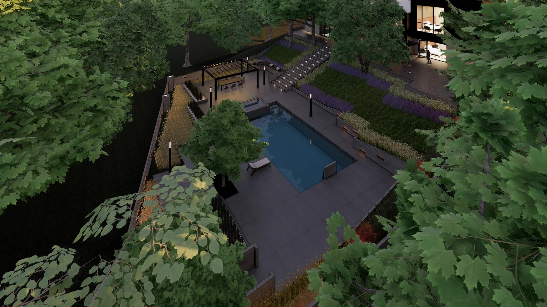 Aerial view of the pool terrace, pergola and the house with floor-to-ceiling glazing