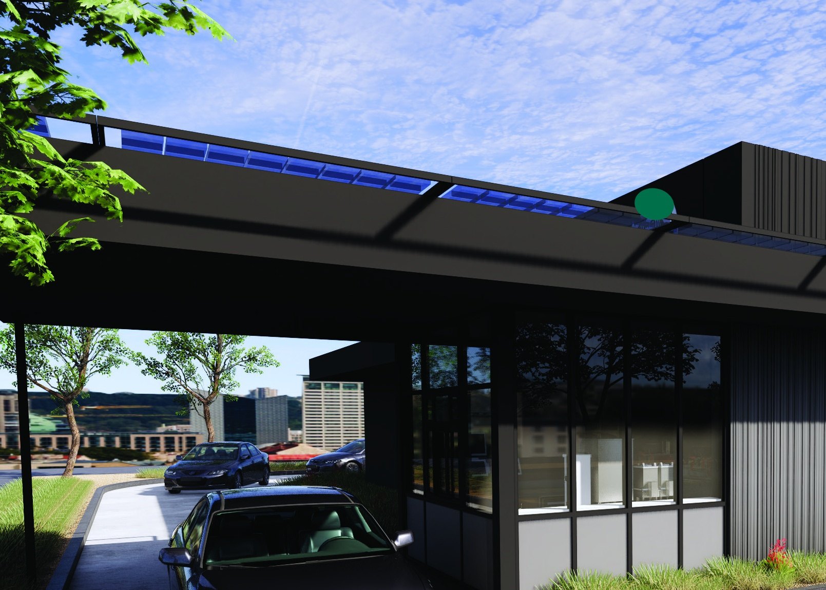 Dark coffee pad with a wide canopy, black storefront glazing and a mature tree