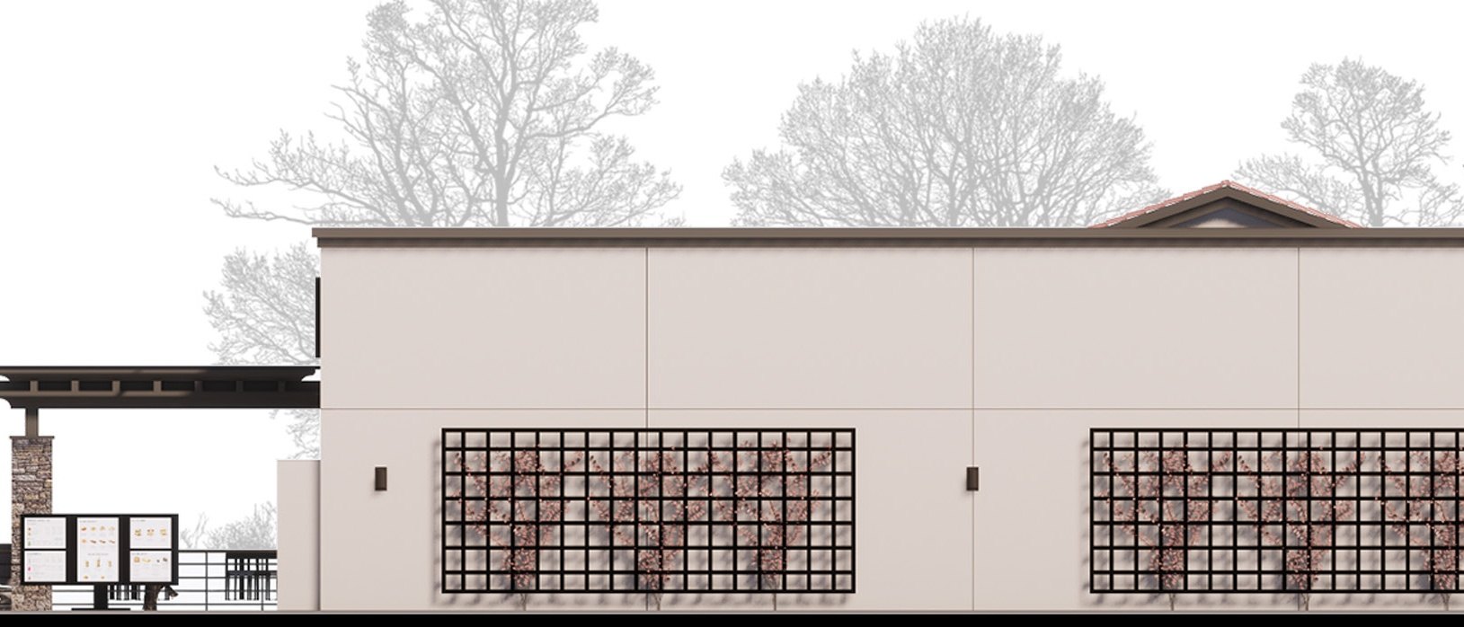 Side elevation of a coffee pad with a stone tower, beige panels and a drive-thru window